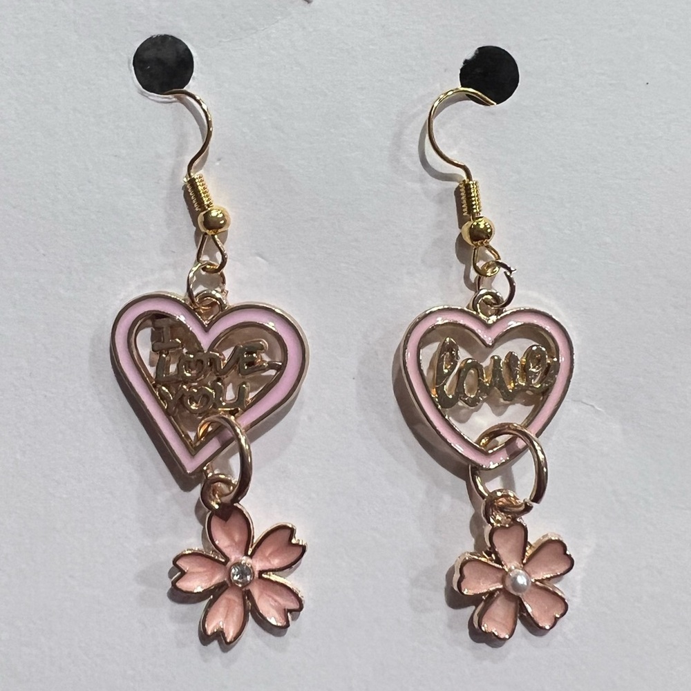 Pink Heart and Flower Earrings